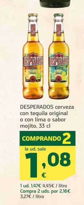 HiperDino Desperados cerveza con tequila original o con lima o sabor mojito oferta