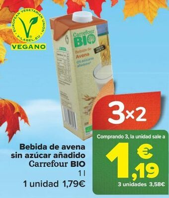 Carrefour Bebida de avena sin azúcar añadido carrefour bio oferta