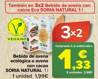 Carrefour Bebida de avena ecológica o avena con cacao soria natural oferta