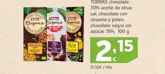 HiperDino Torras chocolate 70% aceite de oliva-sal, chocolate con sésamo y polen, chocolate negro sin azúcar 79% oferta