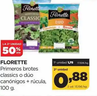 Alimerka La 2a unidad 50% dto florette primeros brotes classics o dúo canónigos + rúcula oferta