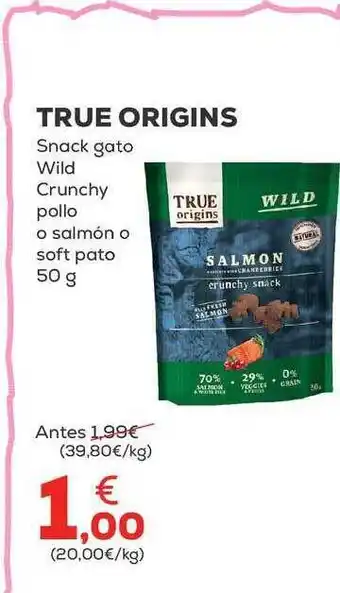 Kiwoko True origins snack gato wild crunchy pollo o salmón o soft pato 50 g oferta