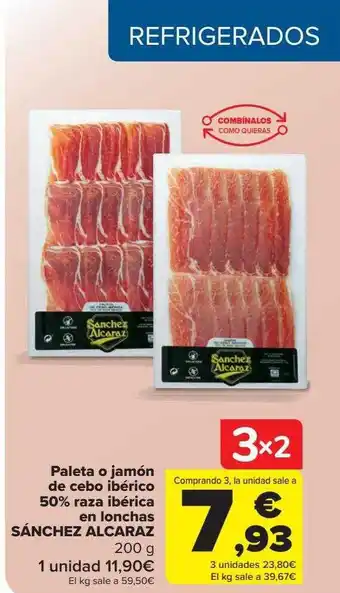 Carrefour Paleta o jamón de cebo ibérico 50% razaa ibérica en lonchas sánchez alcaraz oferta