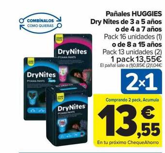 Carrefour Pañales huggies dry nites de 3 a 5 años o de 4 a 7 años o de 8 a 15 años oferta