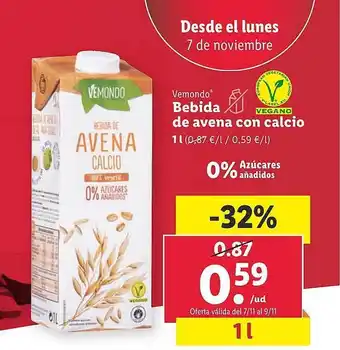 Lidl Vemondo ebida de avena con calcio oferta