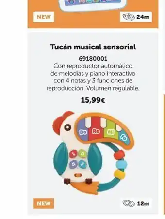 New new tucán musical sensorial 69180001 con reproductor automático de melodías y piano interactivo con 4 notas y 3 funci