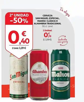 Alcampo 2a unidad -50% cerveza san miguel especial mahou clásica o alhambra tradicional oferta