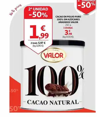 Alcampo 2a unidad -50% cacao en polvo puro 100% sin azucares añadidos valor oferta