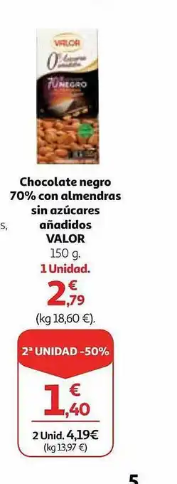 Alcampo Chocolate negro 70% con almendras sin azúcares añadidos valor oferta