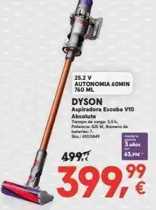 Worten 25.2 v autonomia 60min 760 ml dyson aspiradora escoba v10 absolute 4997 tiempo de carga: 3,5 h, potencia: 525 w, numero oferta