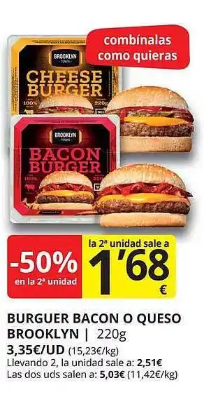 Supermercados MAS -50% en la 2a unidad burguer bacon o queso brooklyn oferta