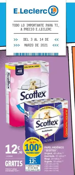 E.Leclerc "Scottex" Papel Higiénico Original, 48 rollos, Acolchado, 32 rollos, Mega, 24 rollos, Gigante, 18 rollos oferta