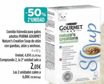 El Corte Inglés -50% 2a unidad comida húmeda para gatos adultos purina gourmet nature's soup de atún con gambas atún y anchoas oferta