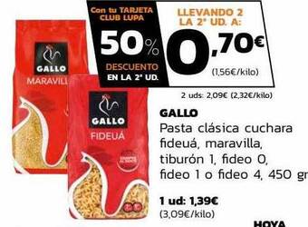 Supermercados Lupa Gallo pasta clásica cuchara fideuá maravilla tiburón 1 fideo 0 fideo 1 o fideo 4 oferta