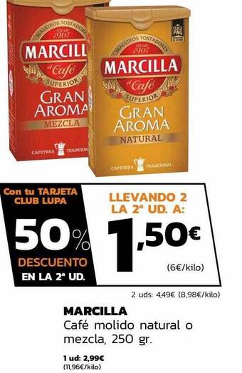 Supermercados Lupa Marcilla café molido natural o mezcla oferta