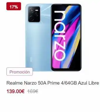 PC Componentes 17% promoción narzo realme narzo 50a prime 4/64gb azul libre 139.00€ 169€ oferta