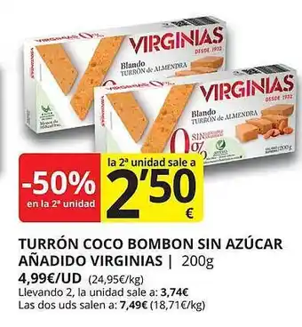 Supermercados MAS -50% en la 2a unidad turrón coco bombon sin azúcar añadido virginias oferta