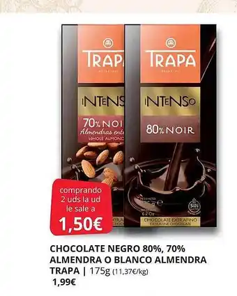 Supermercados MAS Chocolate negro 80%, 70% almendra o blanco almendra trapa oferta