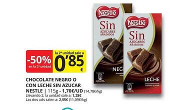 Supermercados MAS -50% en la 2a unidad chocolate negro o con leche sin azucar nestle oferta