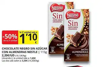 Supermercados MAS -50% en la 2a unidad chocolate negro sin azúcar con almendras nestle oferta