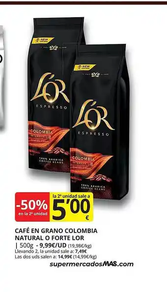 Supermercados MAS -50% en la 2a unidad café en grano colombia natural o forte l'or oferta