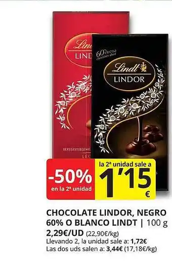 Supermercados MAS -50% en la 2a unidad chocolate lindor, negro 60% o blanco lindt oferta