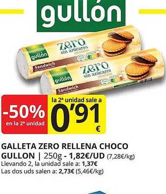 Supermercados MAS -50% en la 2a unidad galleta zero rellena choco gullon oferta