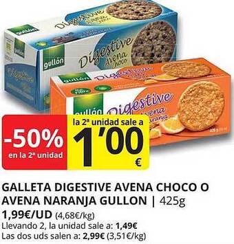 Supermercados MAS Galleta digestive avena choco o avena naranja gullon oferta
