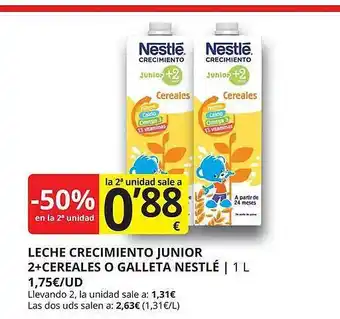 Supermercados MAS -50% en la 2a unidad leche crecimiento junior 2+cereales o galleta nestlé oferta