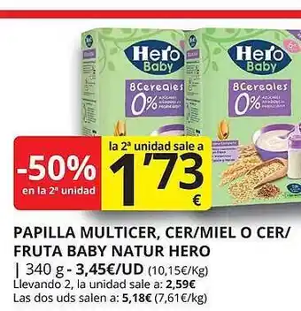 Supermercados MAS -50% en la 2a unidad papilla multicer, cer miel o cer fruta baby nature hero oferta