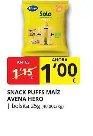 Supermercados MAS Snack puffs maíz avena hero oferta