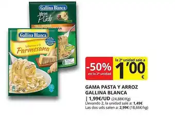 Supermercados MAS -50% en la 2a unidad gama pasta y arroz gallina blanca oferta