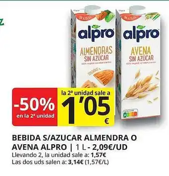 Supermercados MAS -50% en la 2a unidad bebida s azucar almendra o avena alpro oferta