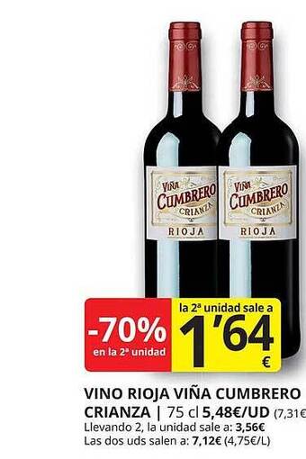 Supermercados MAS -70% en la 2a unidad vino rioja viña cumbrero crianza oferta