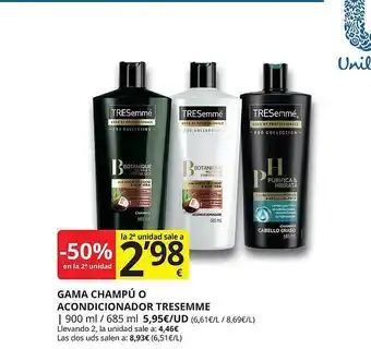 Supermercados MAS -50% en la 2a unidad gama champú o acondicionador tresemme oferta