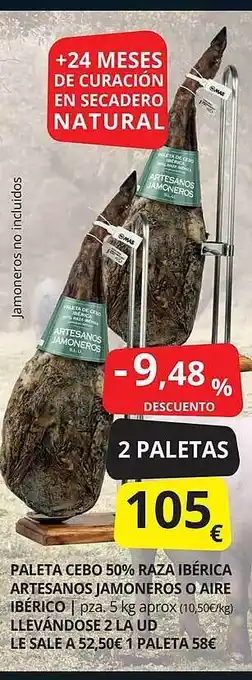 Supermercados MAS Paleta cebo 50% raza ibérica artesanos jamoneros o aire ibérico oferta
