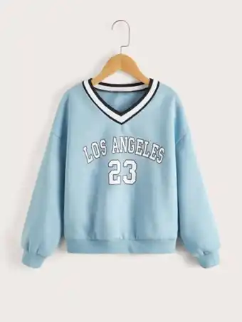 Shein niñas pullover térmico con estampado de letra de rayas ribete de hombros caídos