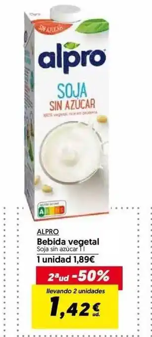Hiper Usera 2a ud -50% alpro bebida vegetal soja sin azúcar oferta