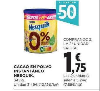 Hipercor 2a unidad -50% cacao en polvo instantáneo nesquik oferta