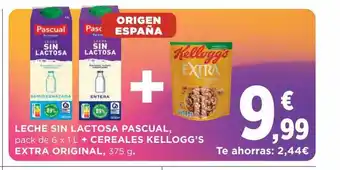 Hipercor Leche sin lactosa pascual pack de 6 + cereales kellogg's extra original oferta