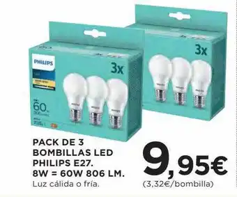 Hipercor Pack de 3 bombillas led philips e27 8w = 60w 806 lm oferta