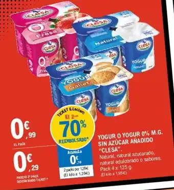 E.Leclerc "Clesa" Yogur O Yogur 0% M.G. Sin Azúcar Añadido 5 x 125g oferta