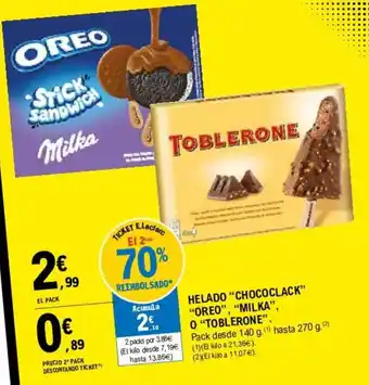 E.Leclerc "Oreo","Milka","Chococlack", O "Toblerone". Helado 140g oferta