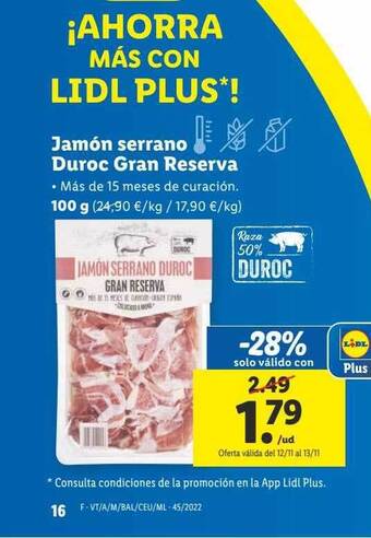 Lidl Jamón serrano duroc gran reserva oferta