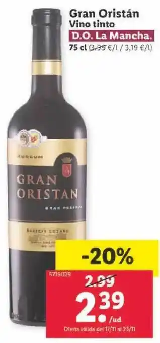Lidl Gran oristán vino tinto d.o. la mancha oferta