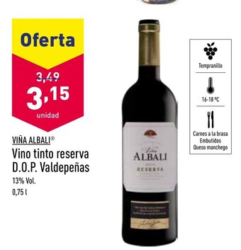 ALDI Viña Albali Vino Tinto reserva D.O.P Valdepeñas 0,75L oferta