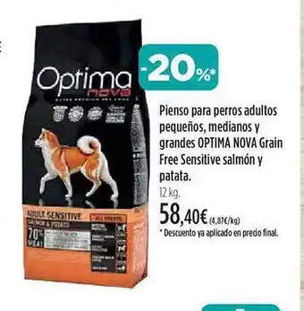 El Corte Inglés Pienso para perros adultos pequeños medianos y grandes optima nova grain free sensitive salmón y patata oferta