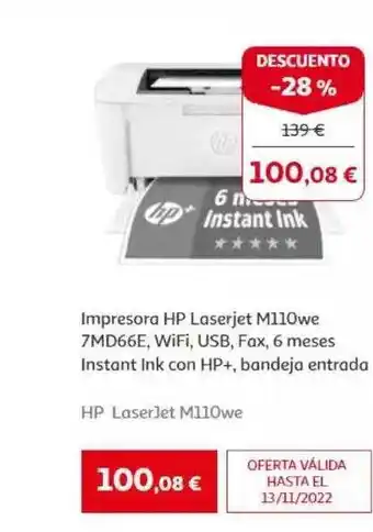 Alcampo Impresora hp laserjet m110we 7md66e oferta