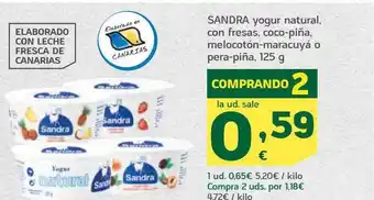 HiperDino Sandra yogur natural con fresas coco-piña melocotón-maracuyá o pere-piña oferta