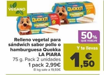 Carrefour Relleno vegetal para sándwich sabor pollo o hamburguesa quokka la piara oferta